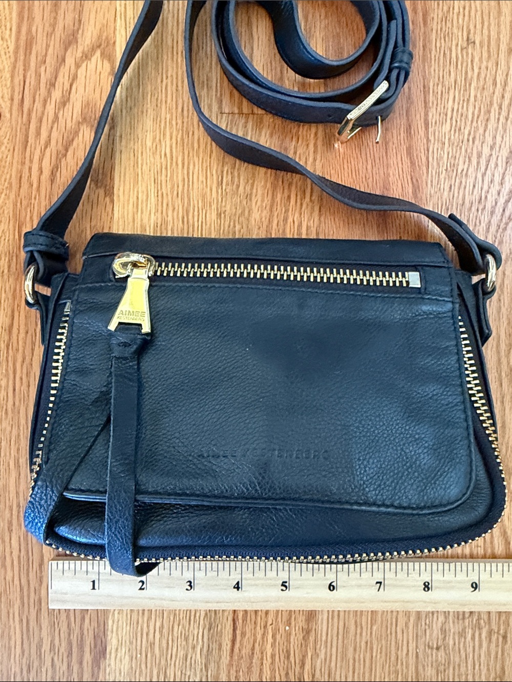 Aimee Kestenberg Black Leather Crossbody with Gold Zippers - Picture 3 of 10